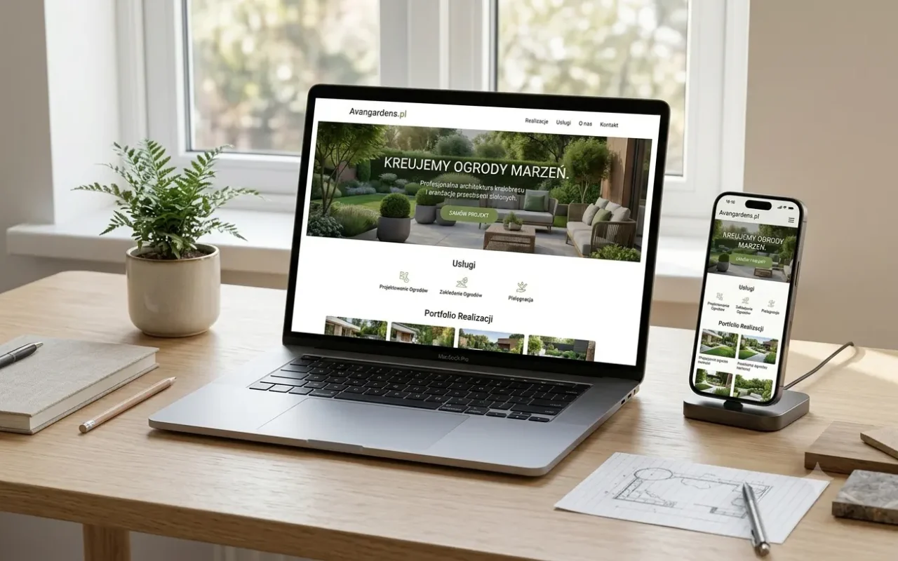 Mockup strony Avangardens.pl na laptopie i telefonie
