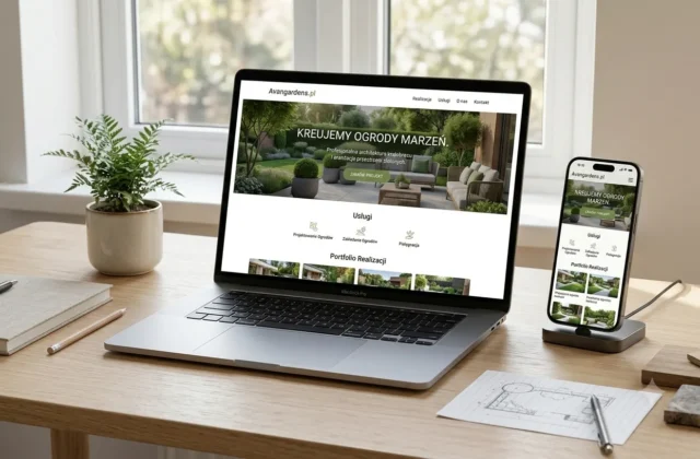 Mockup strony Avangardens.pl na laptopie i telefonie