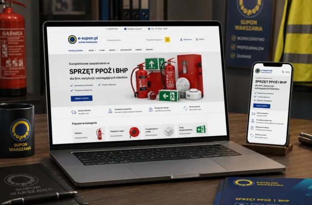 Mockup sklepu e-supon.pl na laptopie i telefonie, pokazujący stronę główną sklepu PPOŻ i BHP. Scena w klimacie bezpieczeństwa technicznego: biurko, laptop, telefon, gaśnica, elementy BHP, granatowo-żółty branding e-supon.pl, profesjonalny charakter sklepu specjalistycznego.