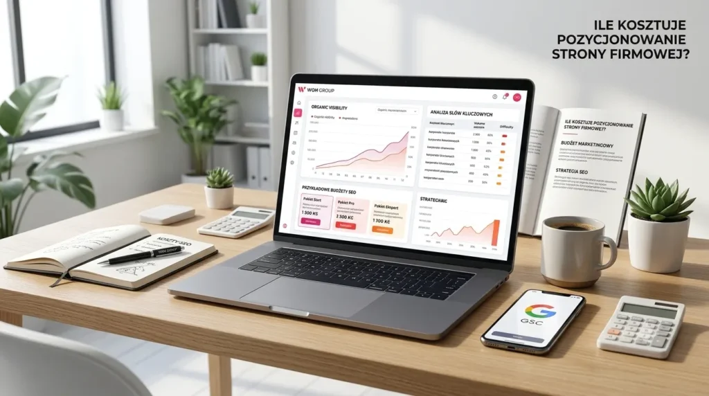 Laptop z analizą SEO i kosztami pozycjonowania strony firmowej