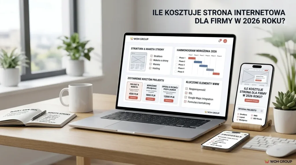 Laptop z wyceną i analizą kosztów strony internetowej dla firmy