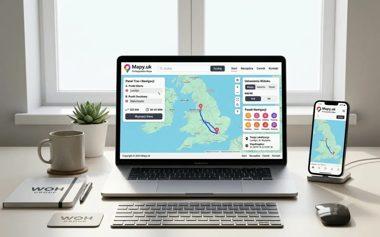 Mockup aplikacji mapowej Mapy.uk na laptopie i telefonie