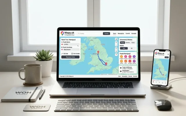 Mockup aplikacji mapowej Mapy.uk na laptopie i telefonie