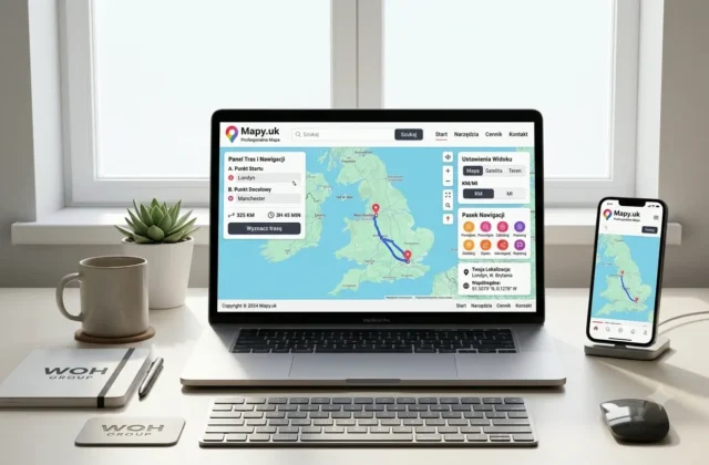 Mockup aplikacji mapowej Mapy.uk na laptopie i telefonie