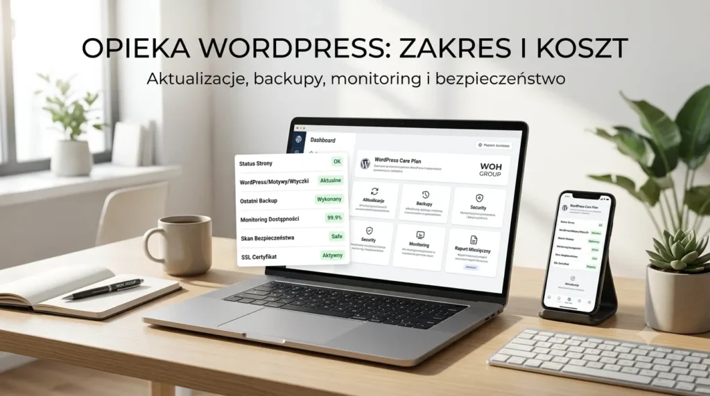 Mockup artykułu o opiece WordPress aktualizacjach backupach i kosztach
