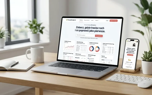 Mockup platformy SEO PozycjeGoogle.pl na laptopie i telefonie