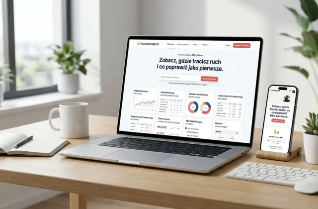 Mockup platformy SEO PozycjeGoogle.pl na laptopie i telefonie