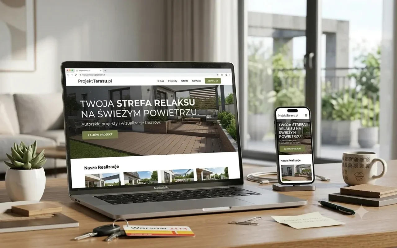 Mockup strony ProjektTarasu.pl na laptopie i telefonie