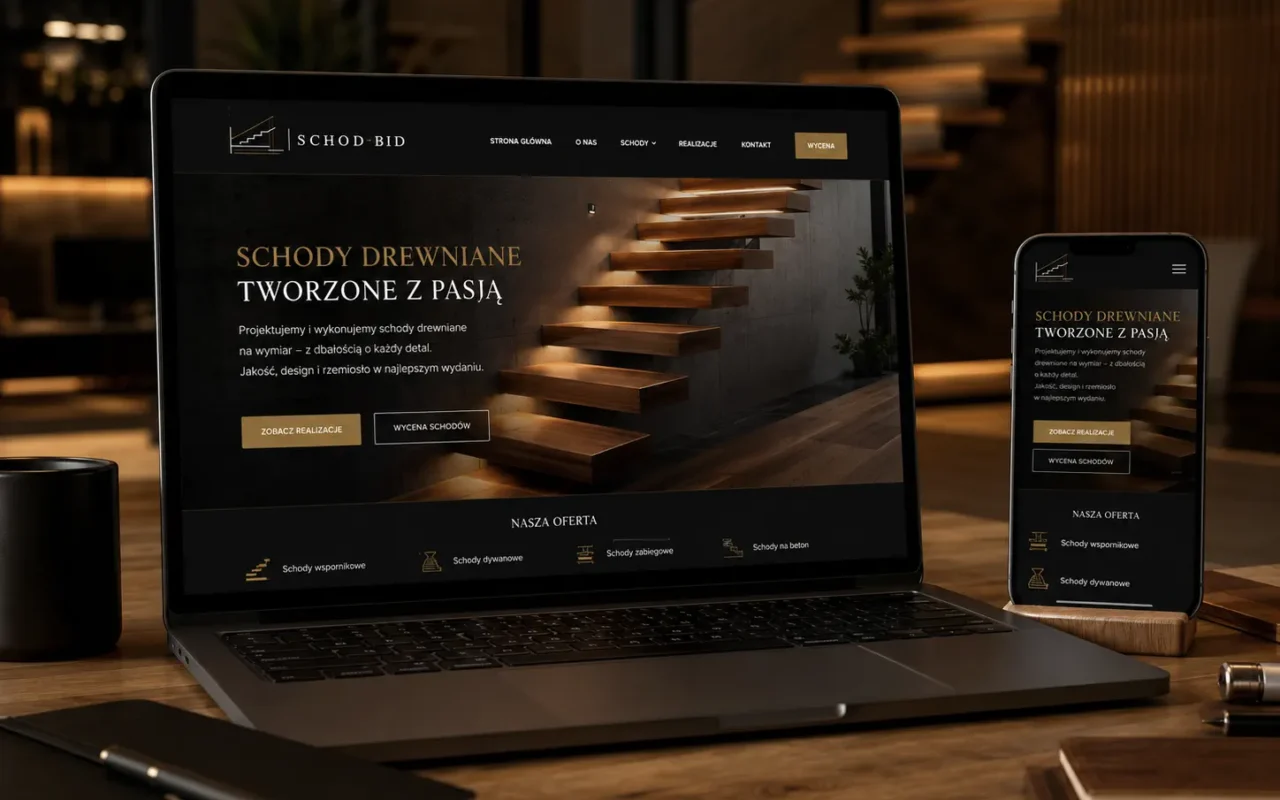 Mockup strony SCHOD-BID na laptopie i telefonie, pokazujący widok strony głównej lub realizacji schodów. Styl: eleganckie wnętrze z drewnem, laptop, telefon, ciepłe światło, premium look, detale stolarskie.