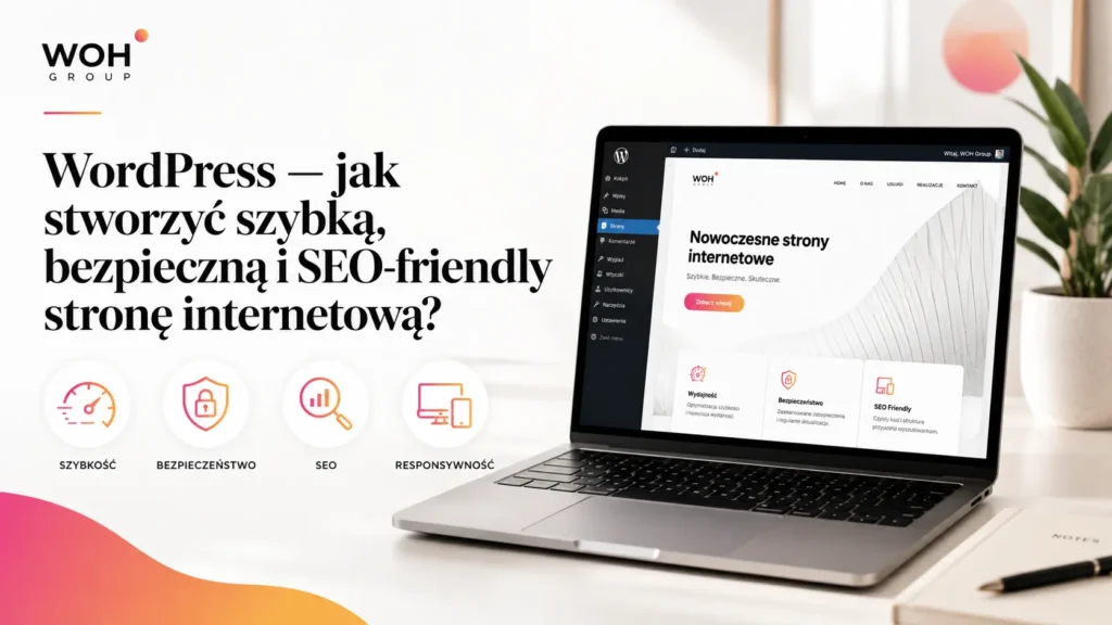 Laptop z panelem WordPress i widokiem nowoczesnej strony internetowej